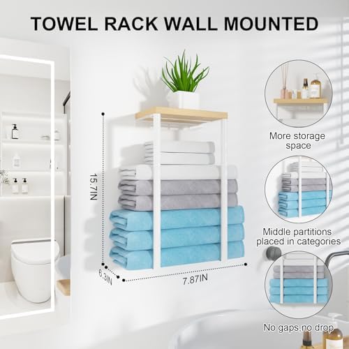 Sturdy Metal Wall Towel Rack Wooden Top Organizer for Small Bathrooms