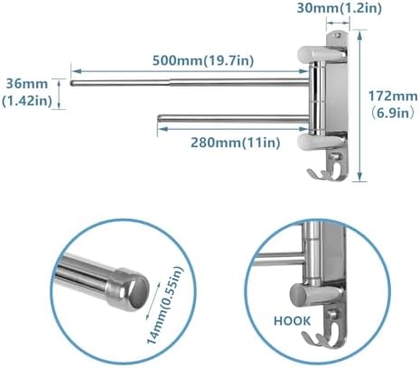 Adjustable Space-Saving Towel Rack Stainless Steel with Swivel Arms for Bathroom