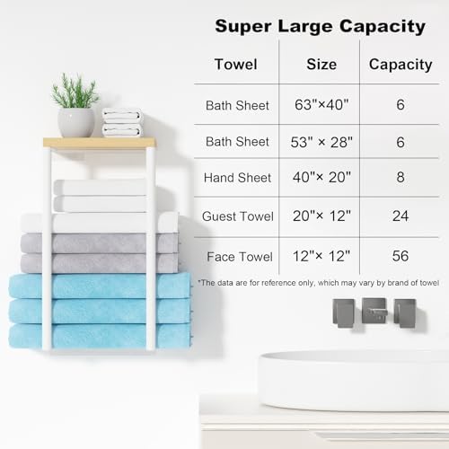 Sturdy Metal Wall Towel Rack Wooden Top Organizer for Small Bathrooms