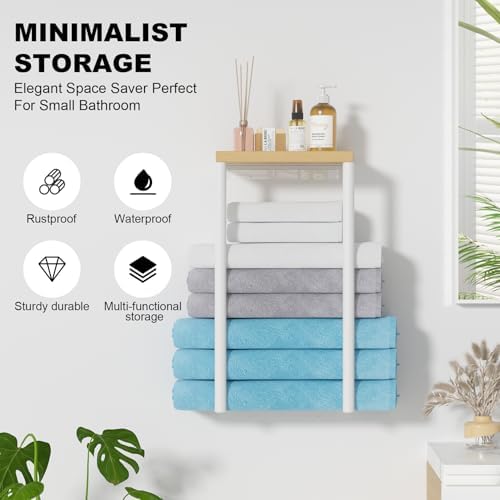Sturdy Metal Wall Towel Rack Wooden Top Organizer for Small Bathrooms