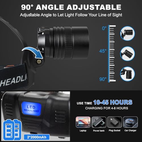 IP67 Waterproof 100000 Lumens Rechargeable Headlamp 90 Adjust 2x3 Modes 2h Charge