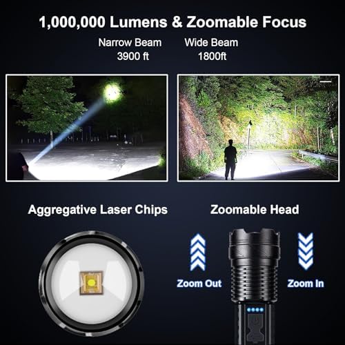 Handheld Flashlights for Tough Jobs Zoom Function 1000000 Lumens with Dual Illuminations