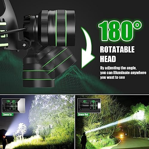 100000 Lumens Rechargeable Headlamp with 180 Adjustable IPX6 Waterproof Zoomable More