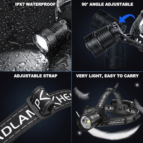 990000 Lumens Rechargeable Headlamp with 3 Modes and IPX7 Waterproof