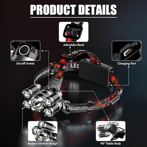 12000 Lumens Rechargeable LED Headlamp for Camping Hiking Hunting