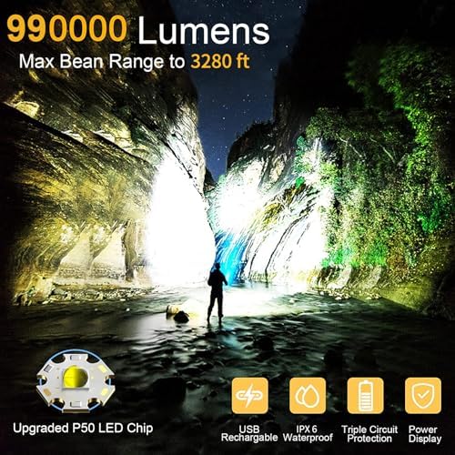 990000 Lumens Rechargeable Flashlight Waterproof Bright Reliable