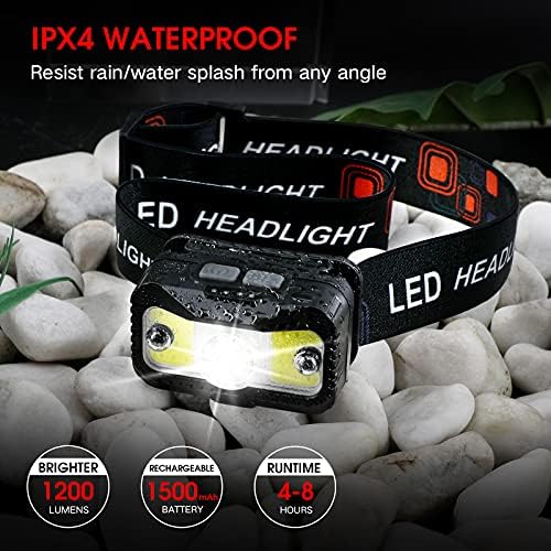 MIOISY Rechargeable LED Headlamp - 1200 Lumen Dual Modes Motion Sensor Waterproof