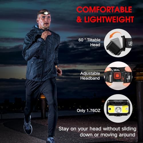 MIOISY Rechargeable LED Headlamp - 1200 Lumen Dual Modes Motion Sensor Waterproof