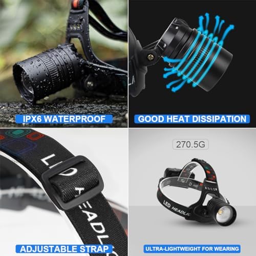 IP67 Waterproof 100000 Lumens Rechargeable Headlamp 90 Adjust 2x3 Modes 2h Charge