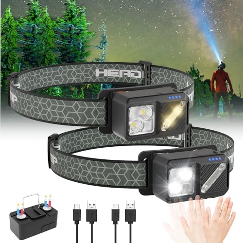2-Piece Rechargeable LED Headlamp - 2500 Lumen 7 Modes Motion Sensor Waterproof