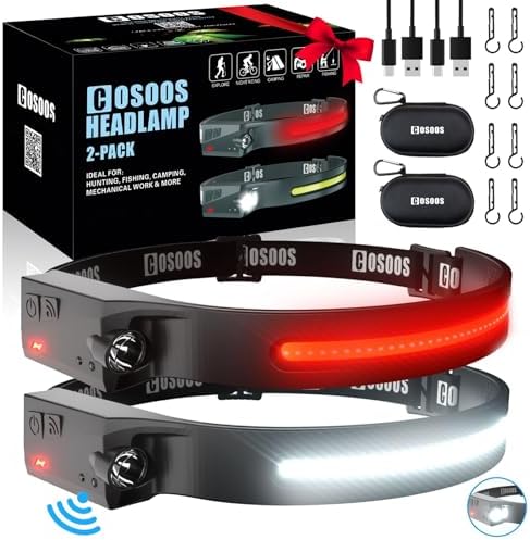 COSOOS Original 2 Rechargeable Headlamp w Carry Case Red Light Motion Sensor