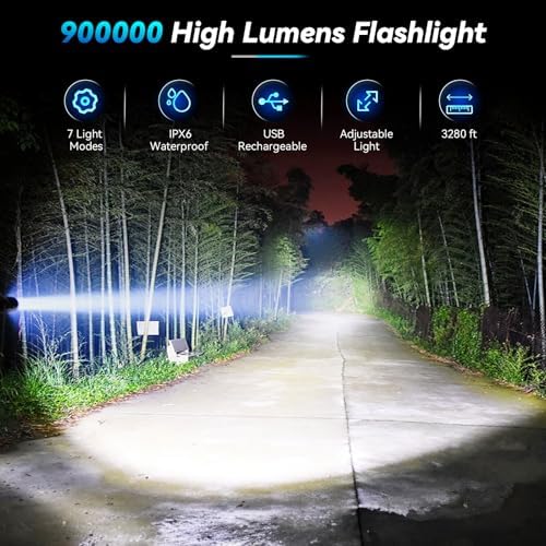 900000 LUMEN rechargeable flashlight 7 modes waterproof