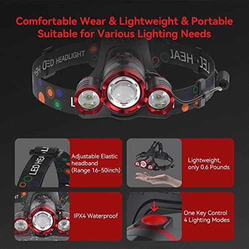 Beteray 3-Piece Headlamp for Adults Red
