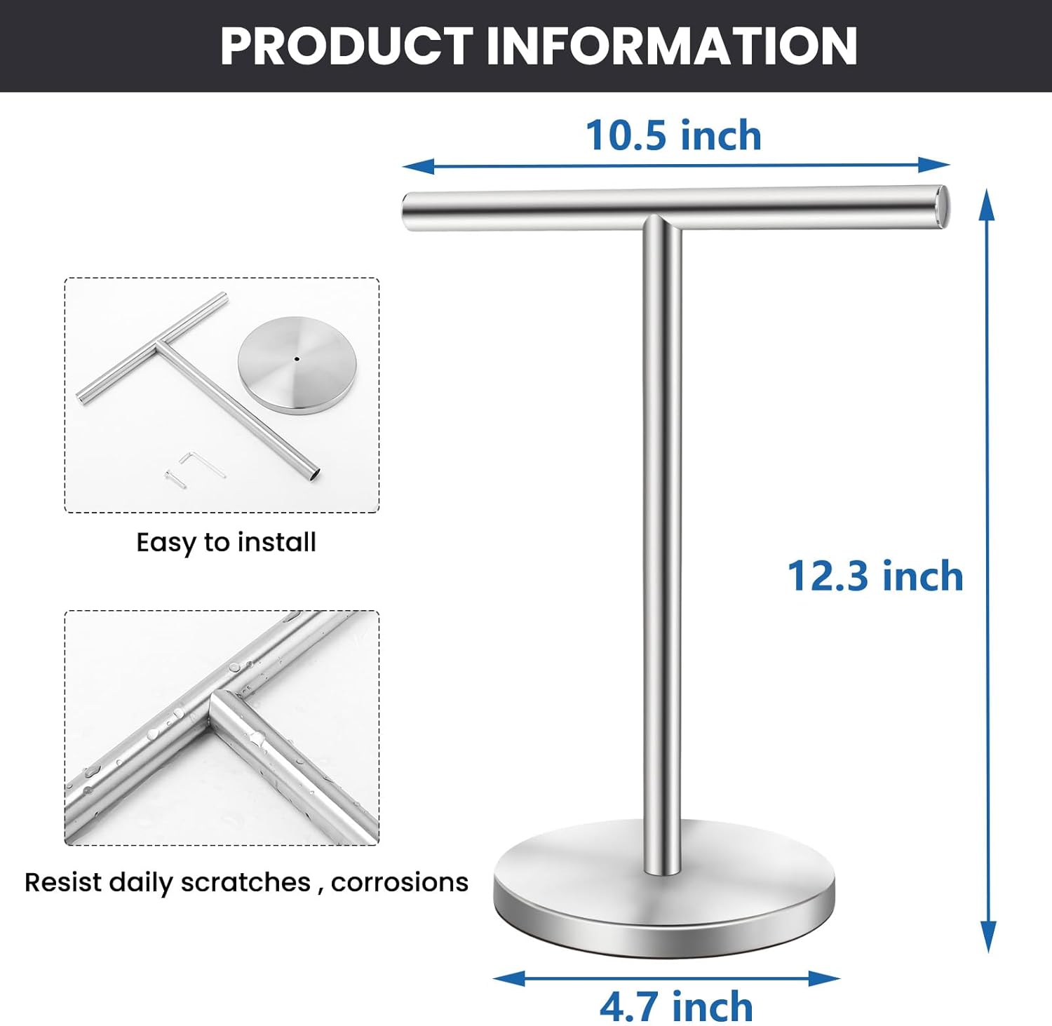 Sturdy Stainless Steel T-Shape Towel Holder Stand for Bathroom