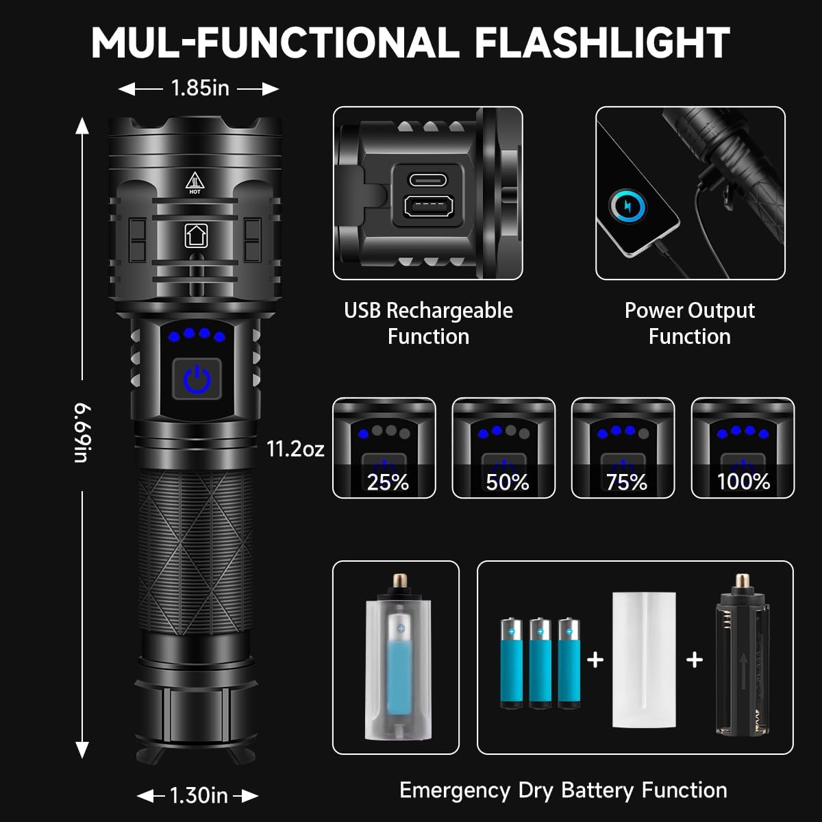 Powerful emerged tactical flashlight