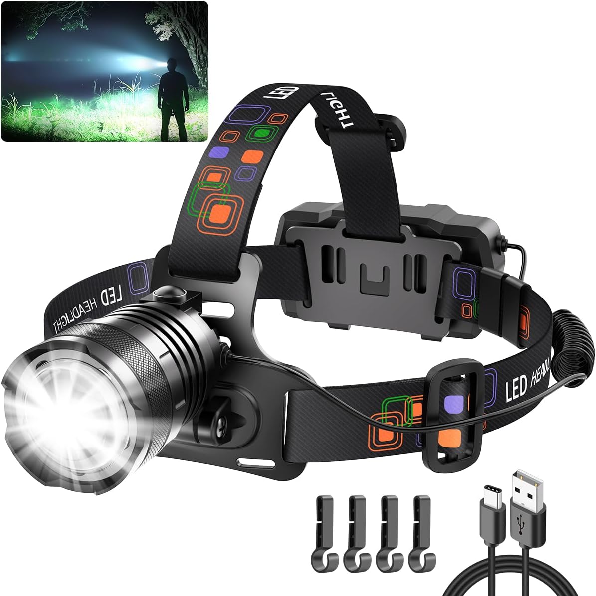 KYEKIO Headlamp Rechargeable 4 Mode Light Adjustable for Forehead Camping