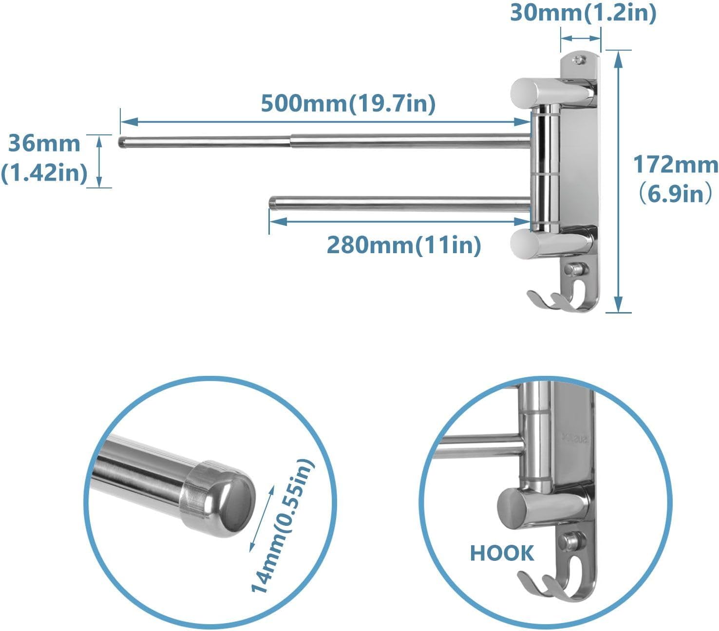 Adjustable Space-Saving Towel Rack Stainless Steel with Swivel Arms for Bathroom