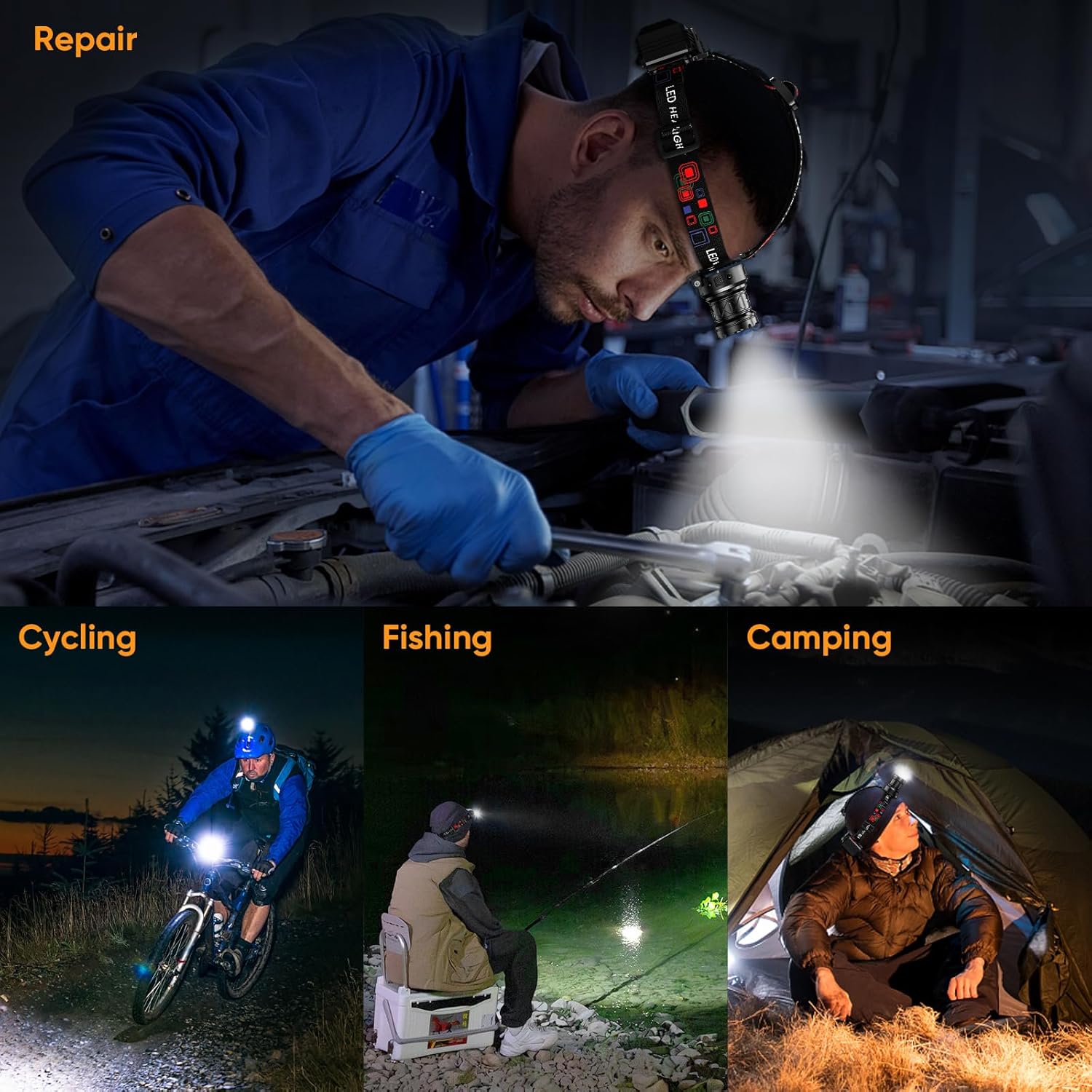 IPX7 Waterproof Headlamp with 9 Lighting Modes