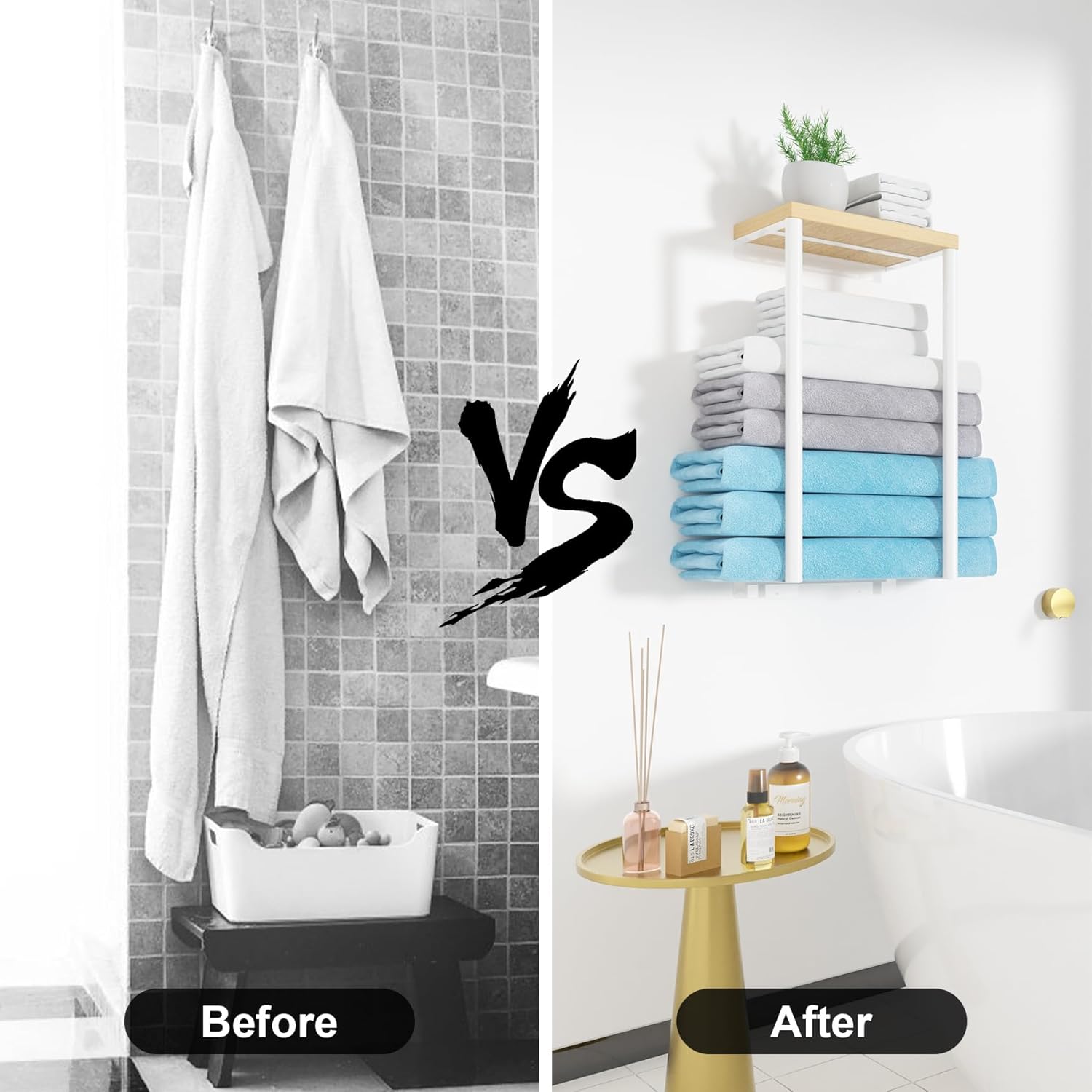 Sturdy Metal Wall Towel Rack Wooden Top Organizer for Small Bathrooms