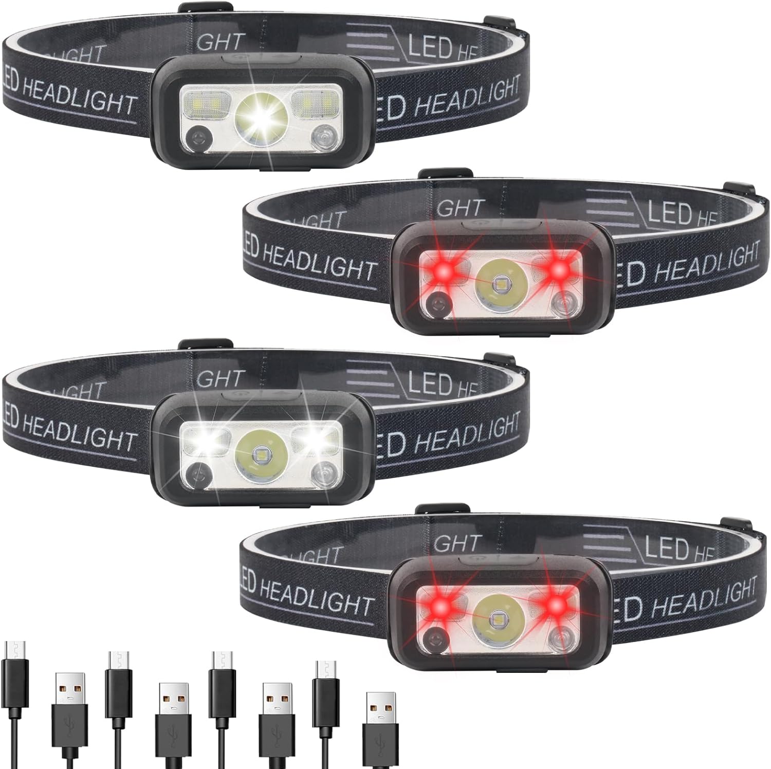 Hilngav Rechargeable Headlamp 4-Pack White Red Lights for Camping Running