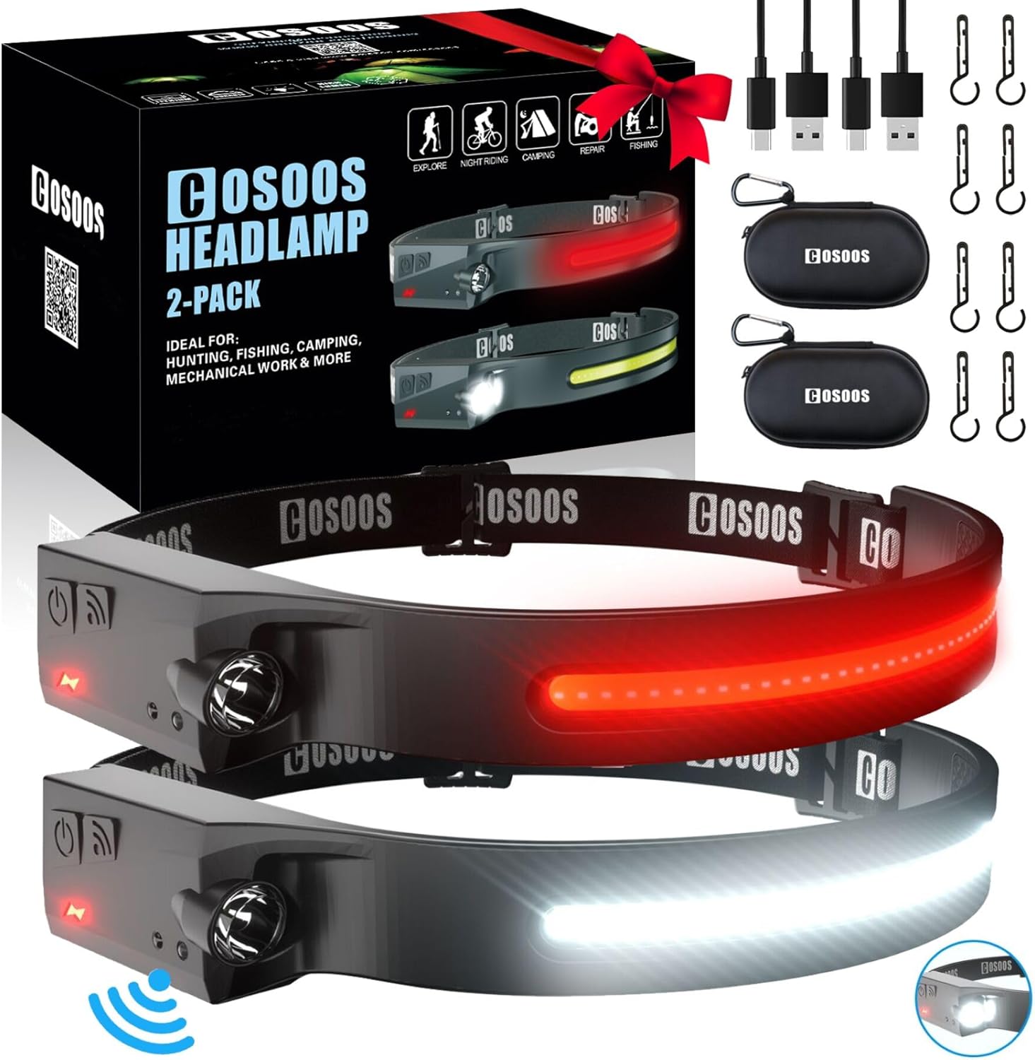 COSOOS Original 2 Rechargeable Headlamp w Carry Case Red Light Motion Sensor