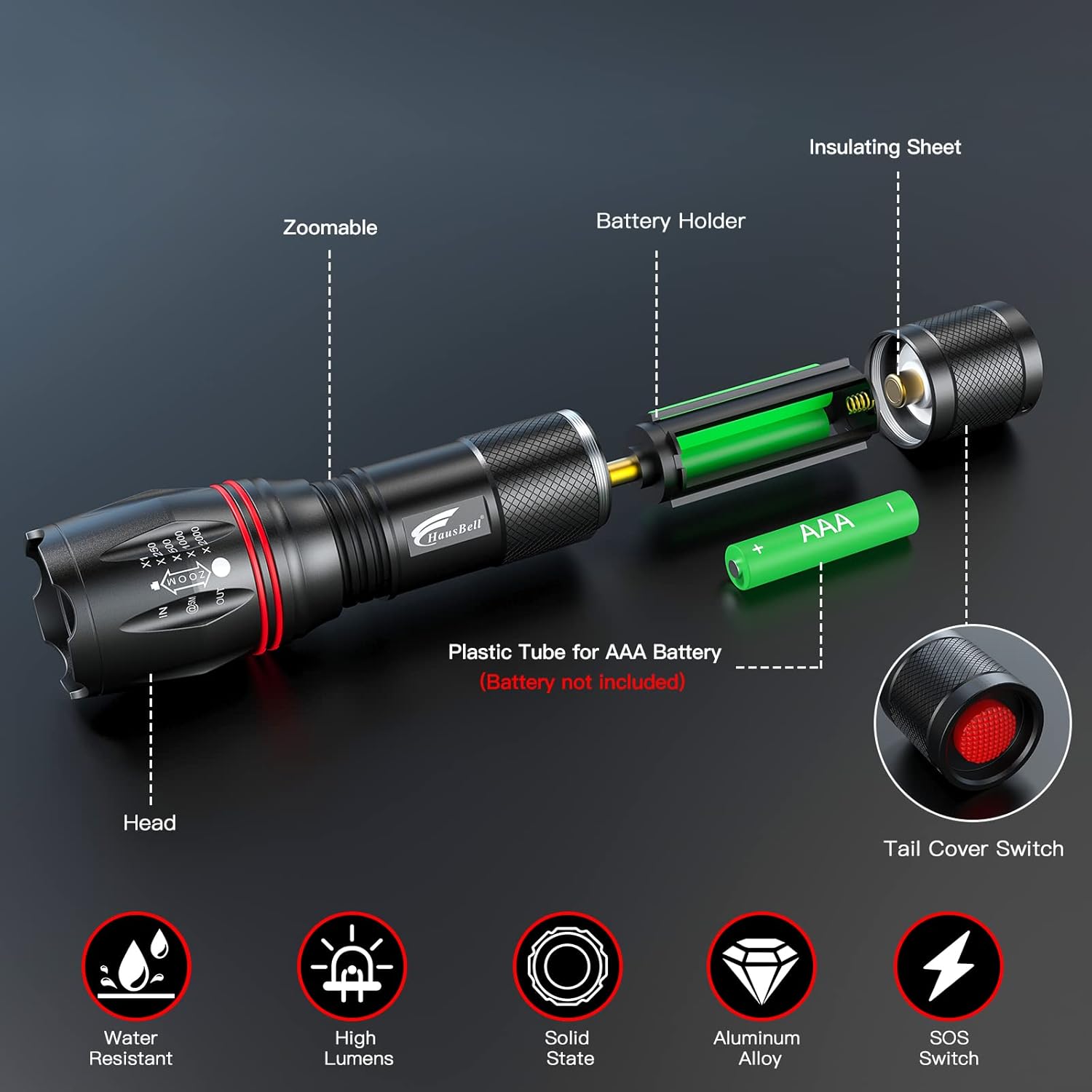 HAUSBELL A100 LED Flashlight - Bright Compact and Tough
