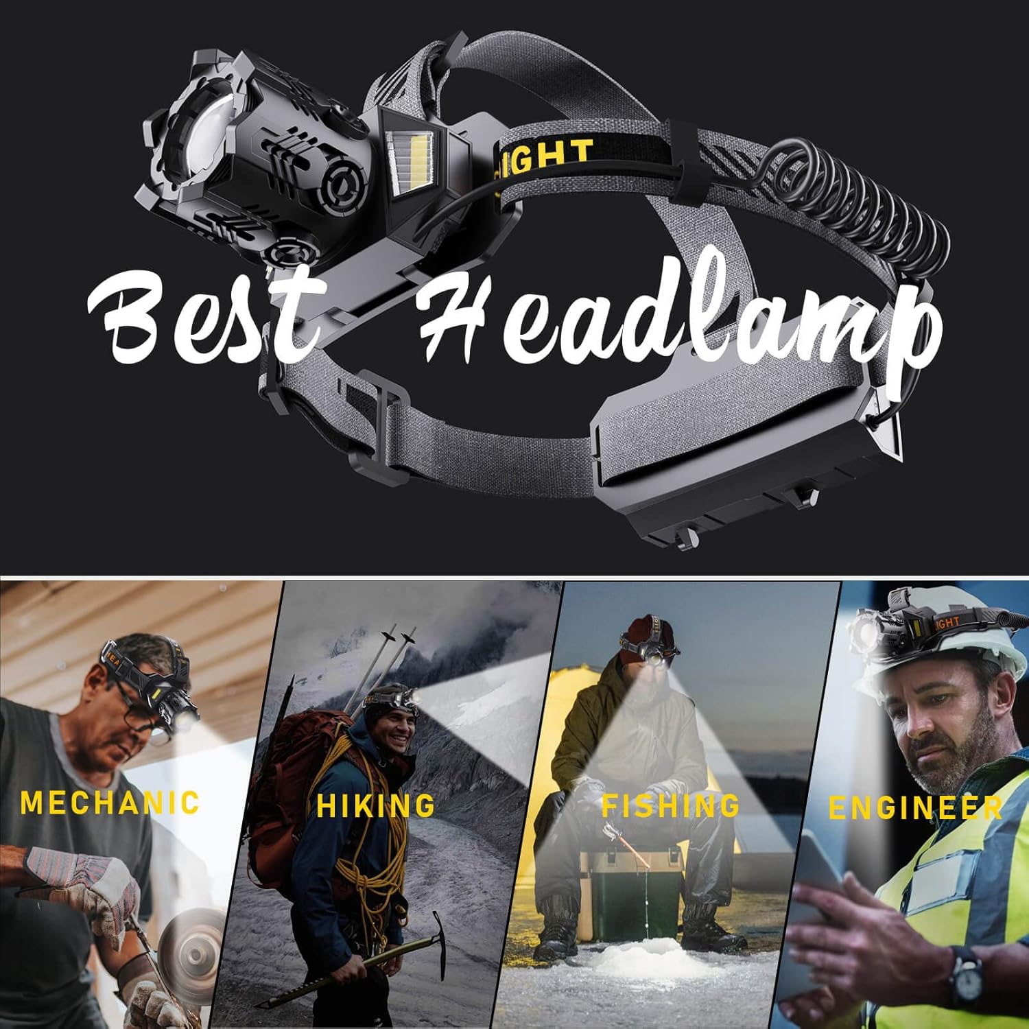 90000 Lumens Rechargeable Headlamp - Waterproof Hard Hat Design