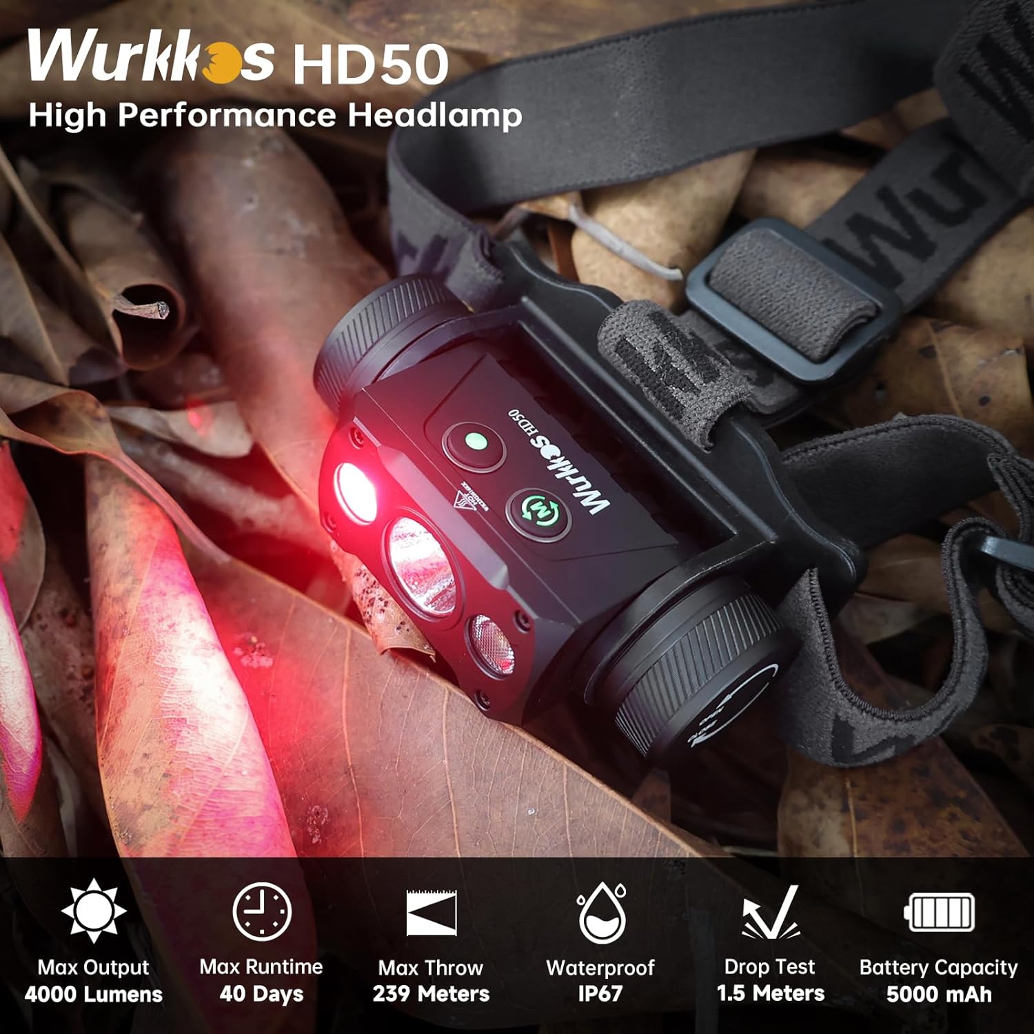 Wurkkos HD50 4000 Lumens Red Light Mode Headlamp
