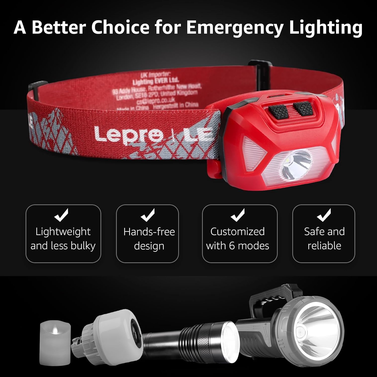 Sunbrighter Red LED Headlamp with 1300Lux - IPX4 Waterproof for Hiking and Camping