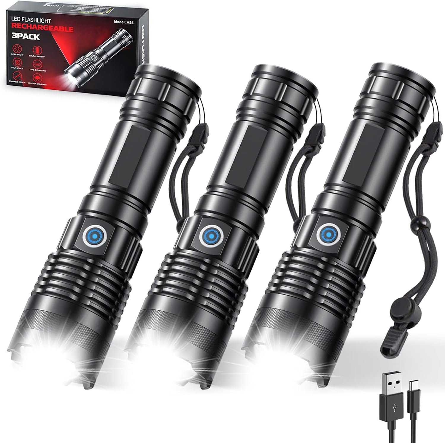 YLQFH 3 Pack Rechargeable Flashlights High Lumens