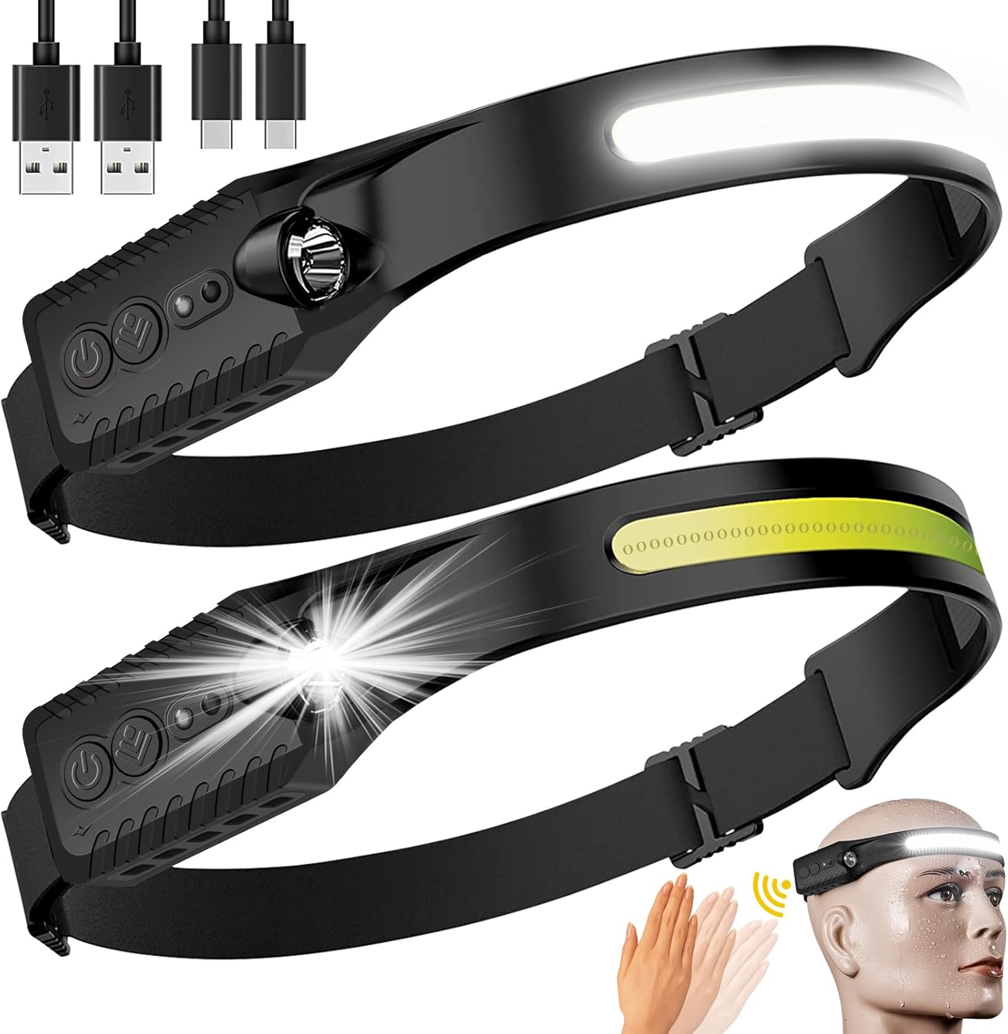 Rechargeable LED Headlamp 2-Pack 230 Wide Beam COB USB-C Charging Waterproof