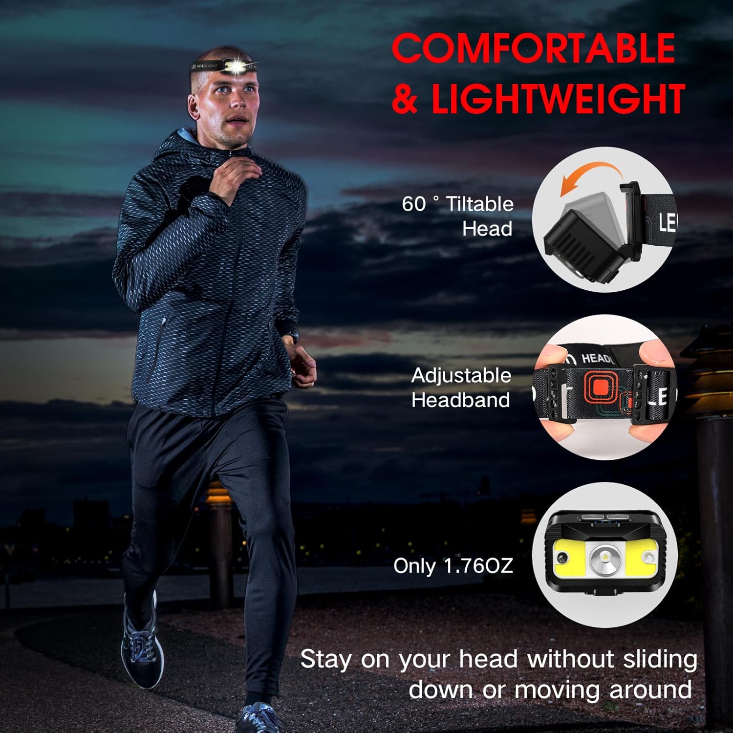 MIOISY Rechargeable LED Headlamp - 1200 Lumen Dual Modes Motion Sensor Waterproof