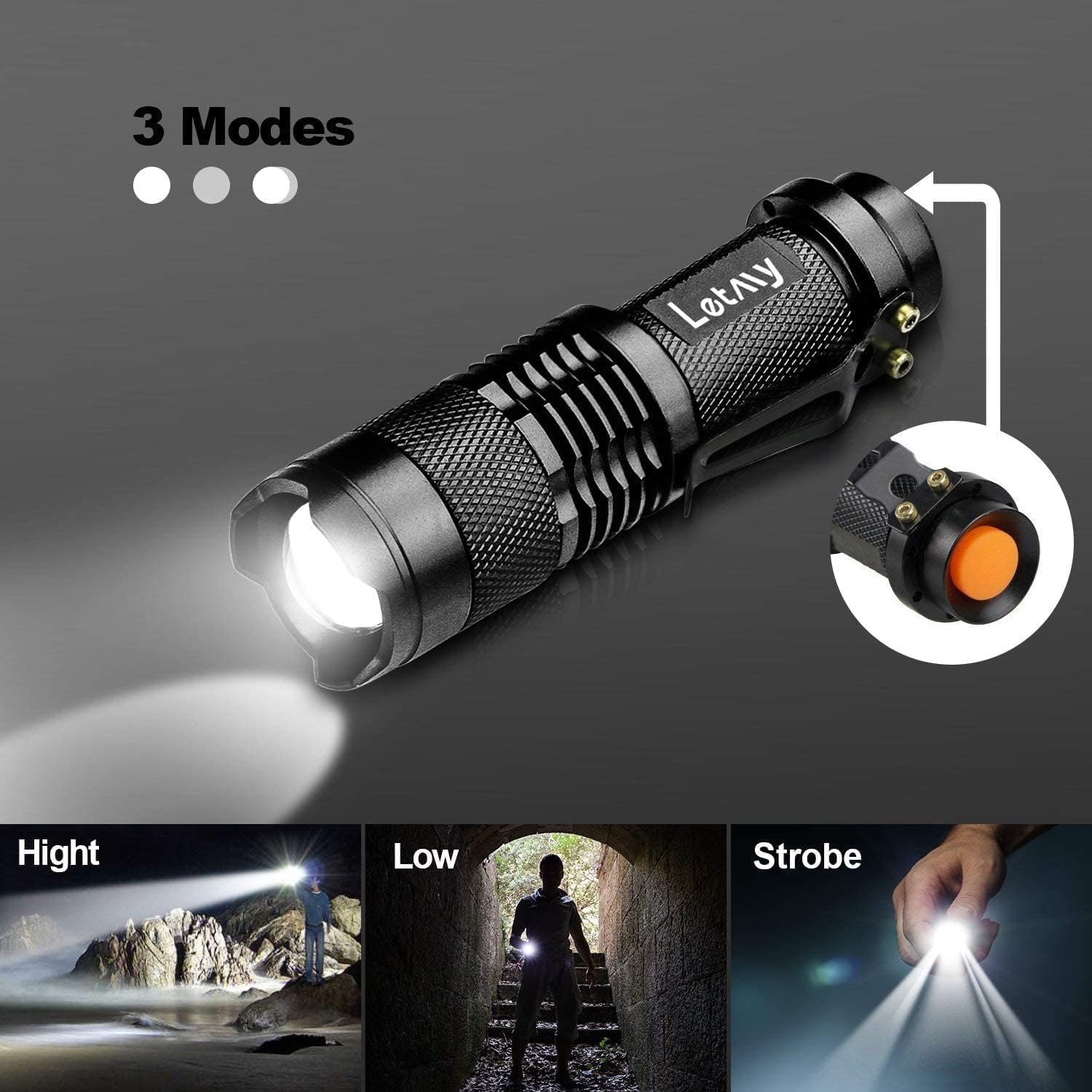 LETMY Tactical Flashlight 300 Lumens 3 Modes Waterproof 2-Pack