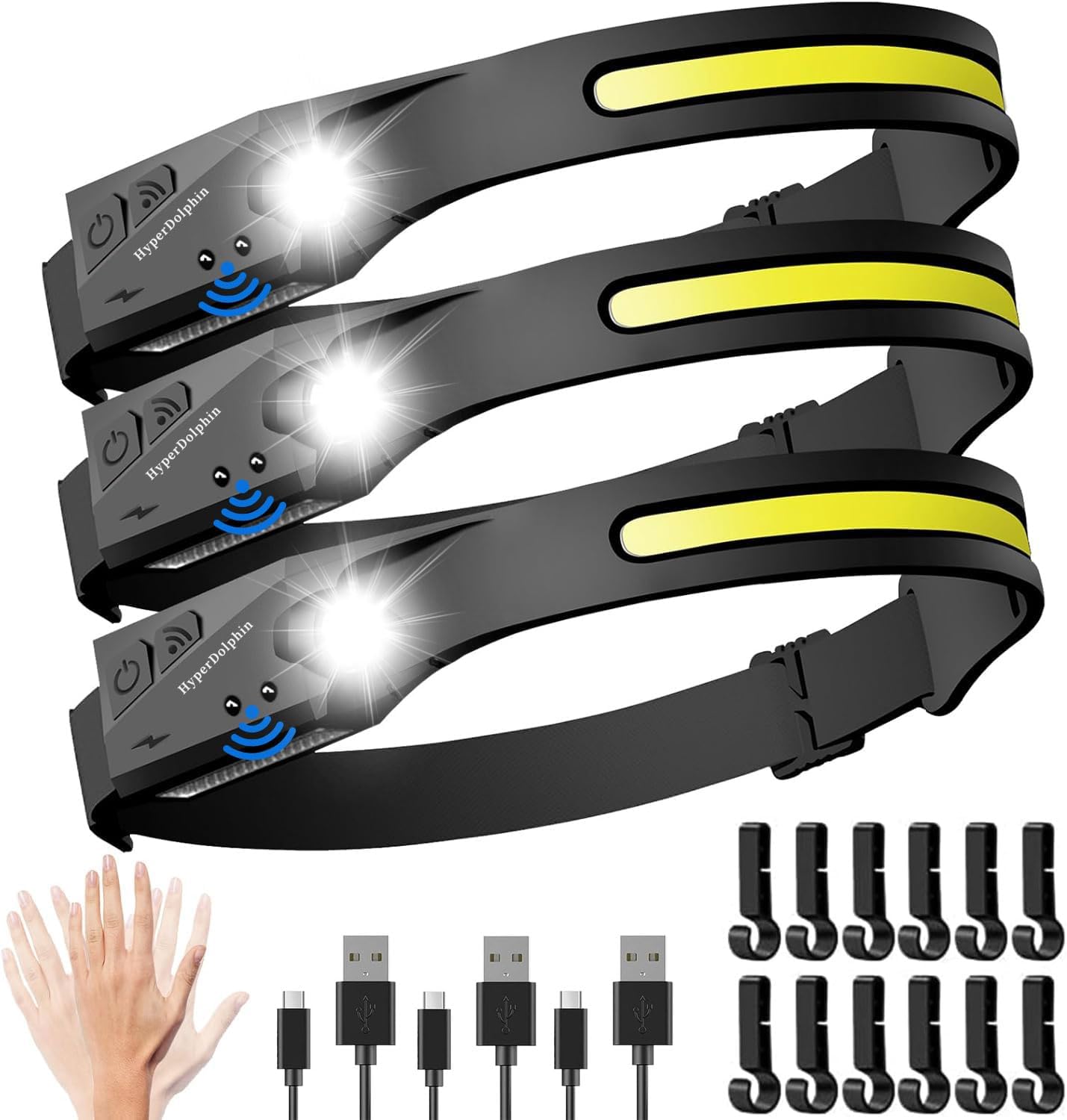 3-Pack Rechargeable LED Headlamp for Adults Waterproof Motion-Activated