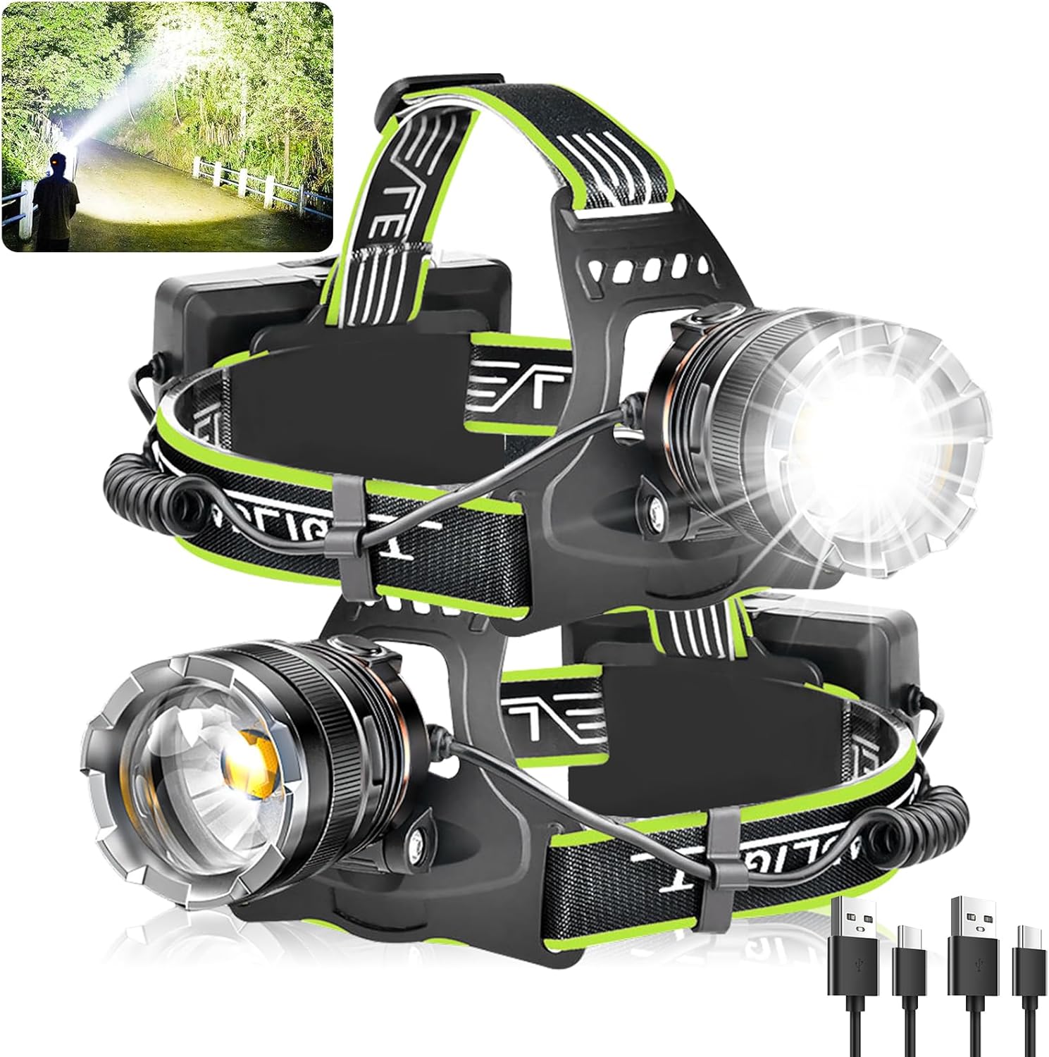 AikertecRechargeable Headlamp 120000LM Bright Super Bright IPX7 Waterproof Hiking Camping 2 Pack