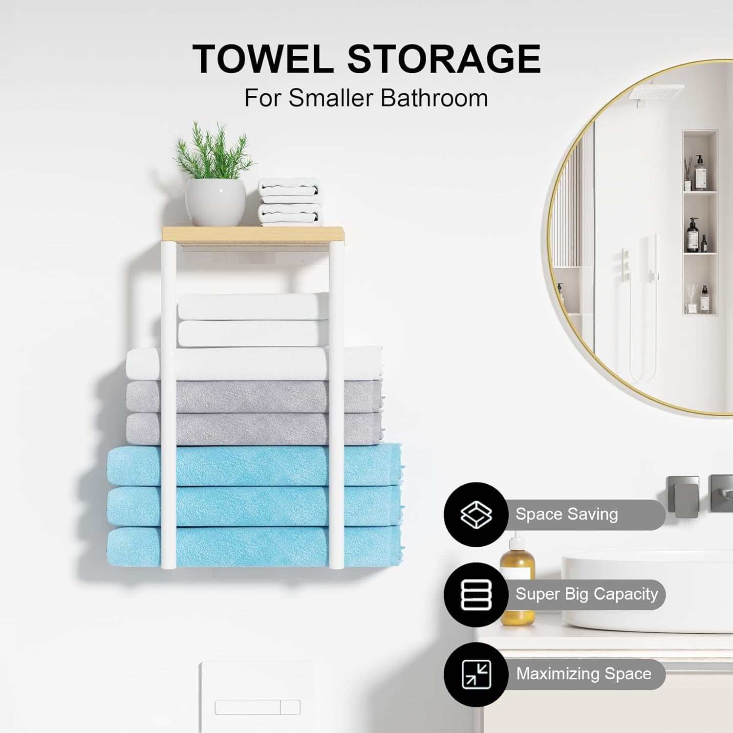 Sturdy Metal Wall Towel Rack Wooden Top Organizer for Small Bathrooms