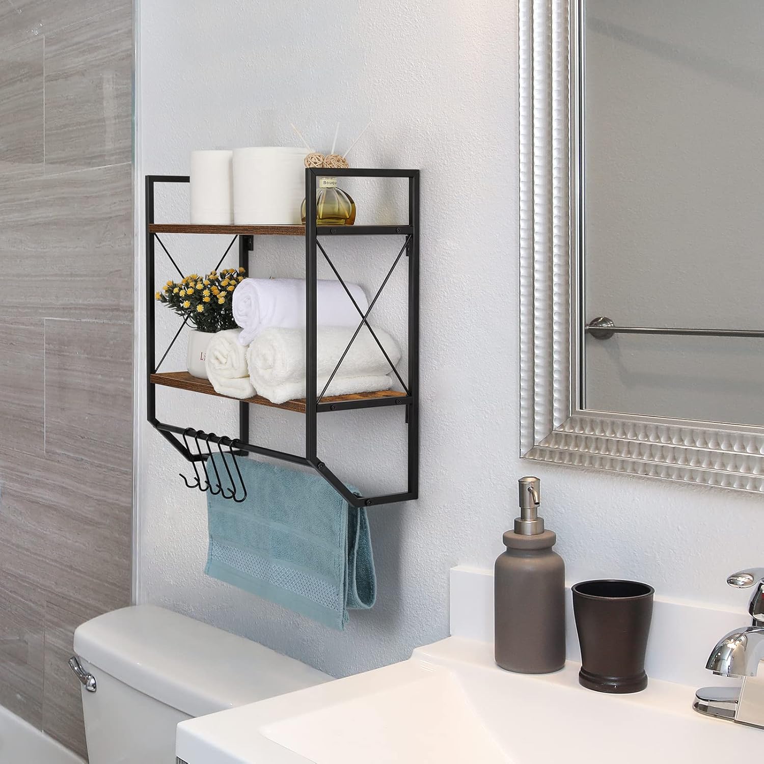 CADUKE 2-Tier wall-mounted bathroom towel rack with hooks
