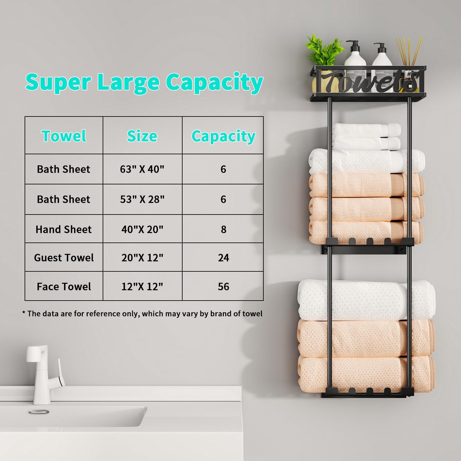 3-Tier Towel Rack Organizer for Small Bathroom Black