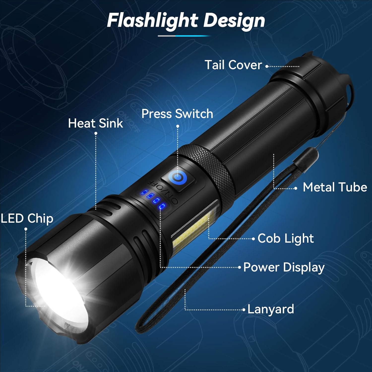 900000 LUMEN rechargeable flashlight 7 modes waterproof