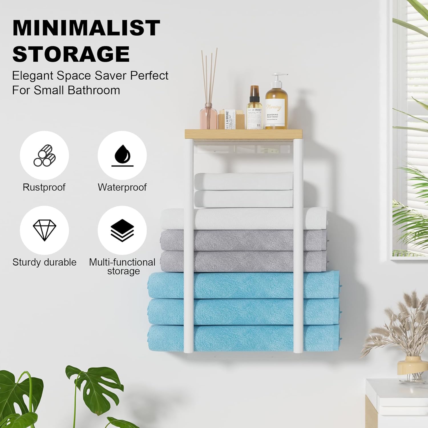 Sturdy Metal Wall Towel Rack Wooden Top Organizer for Small Bathrooms