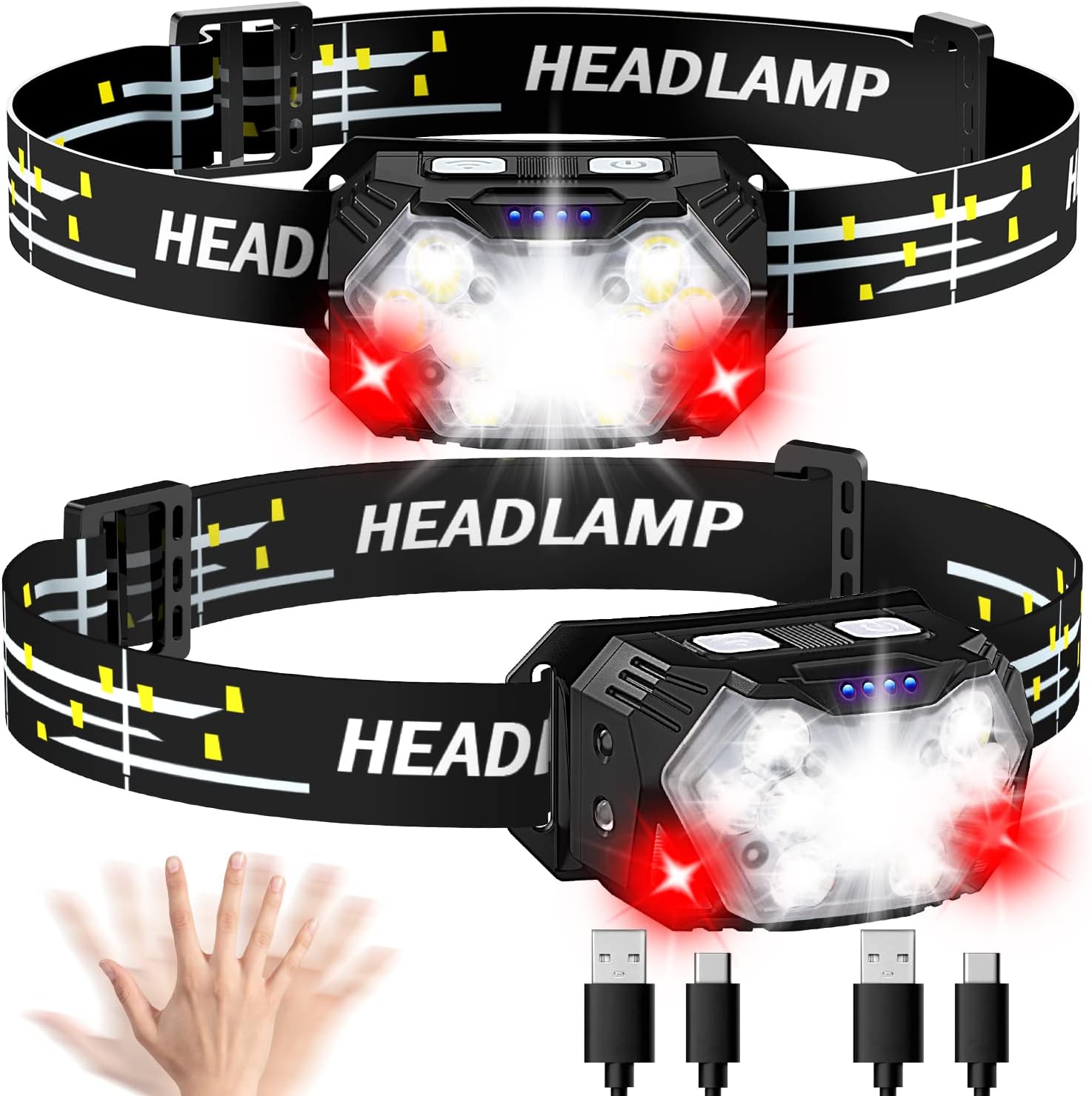 2-Piece Rechargeable Headlamp 2000 Lumens 10 Modes