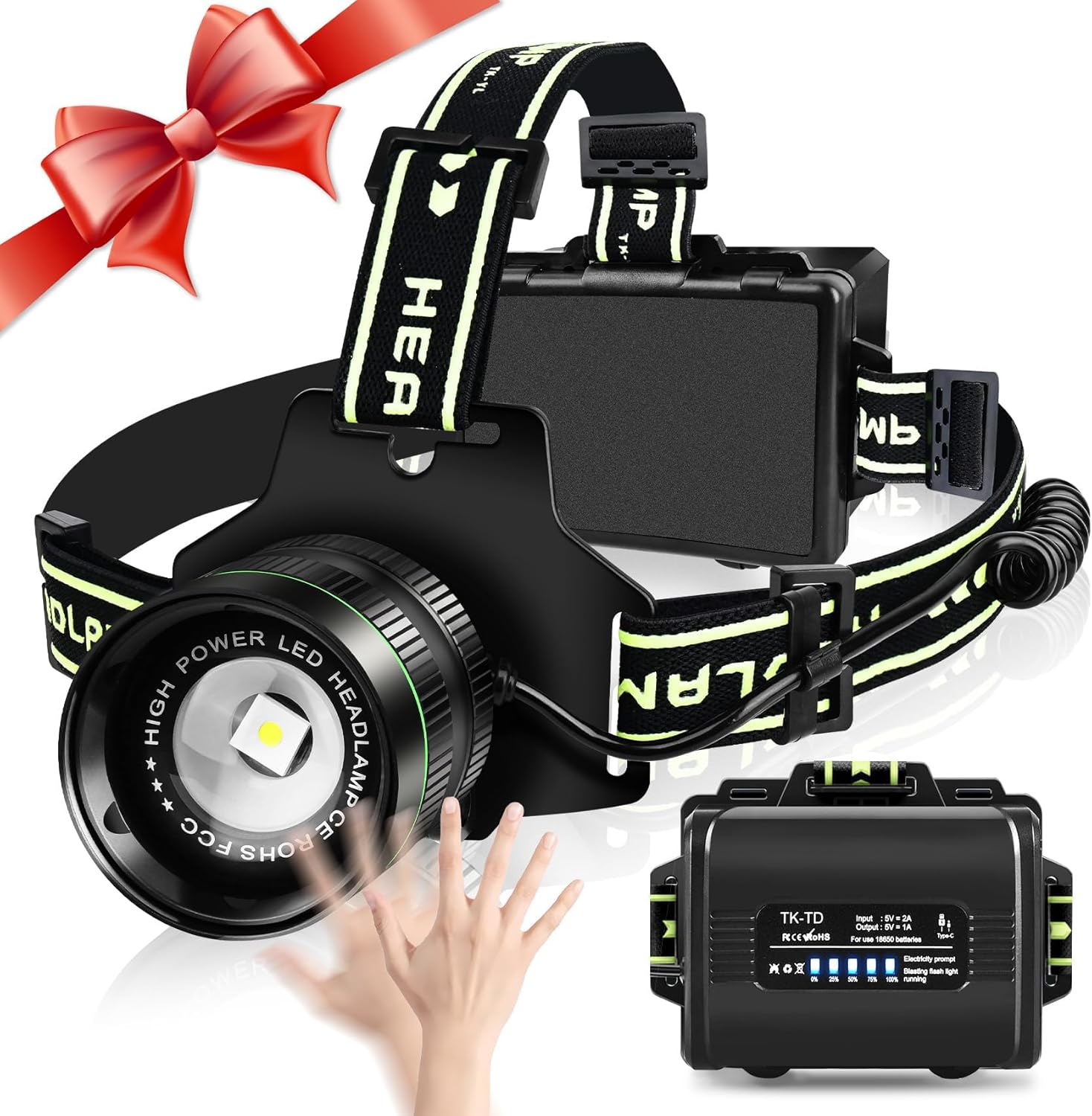 100000 Lumens Rechargeable Headlamp with 180 Adjustable IPX6 Waterproof Zoomable More