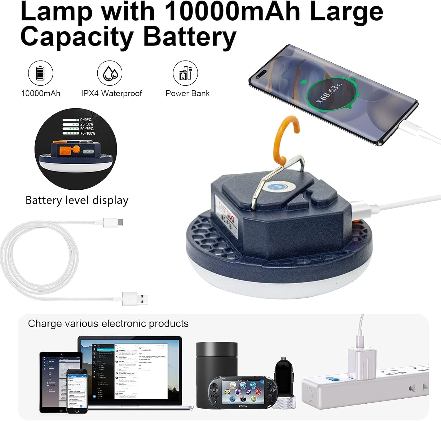 IPX4 Waterproof 4000LM Rechargeable LED Camping Lantern