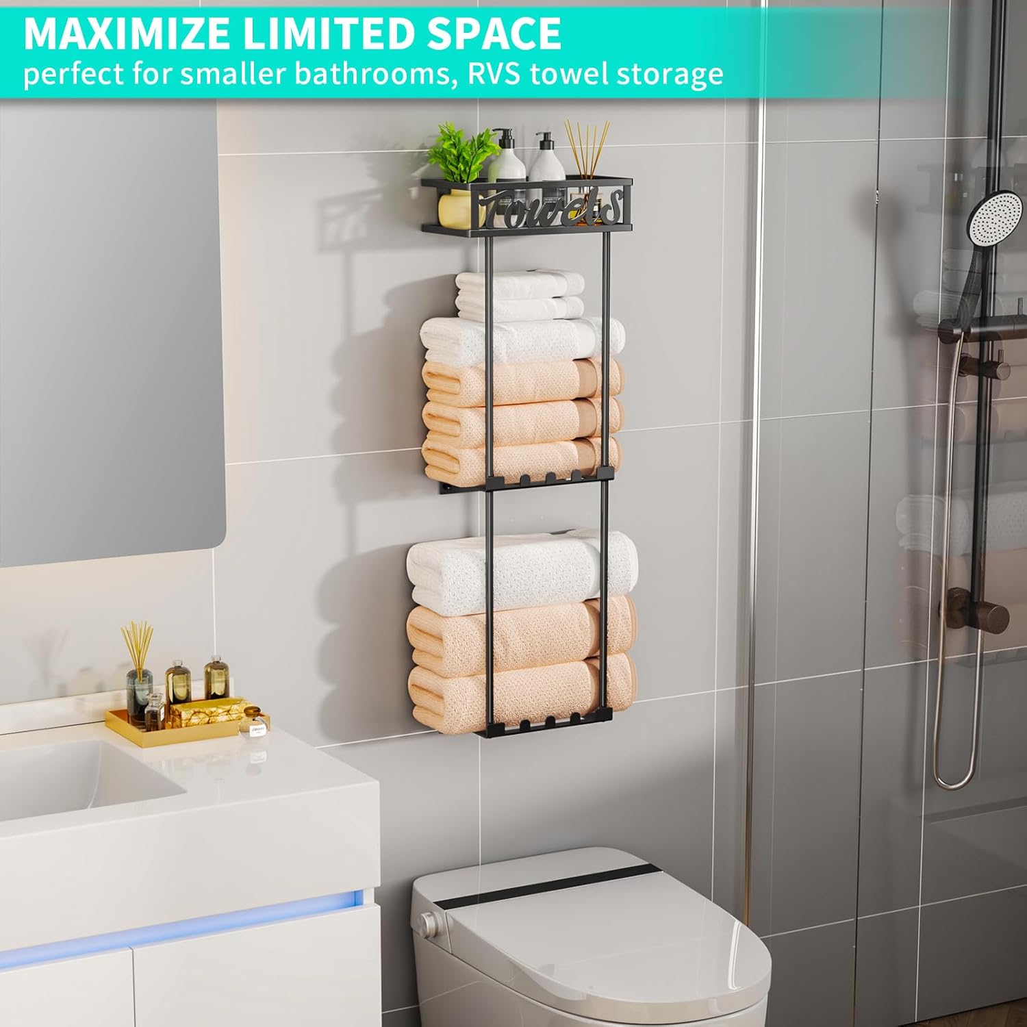 3-Tier Towel Rack Organizer for Small Bathroom Black