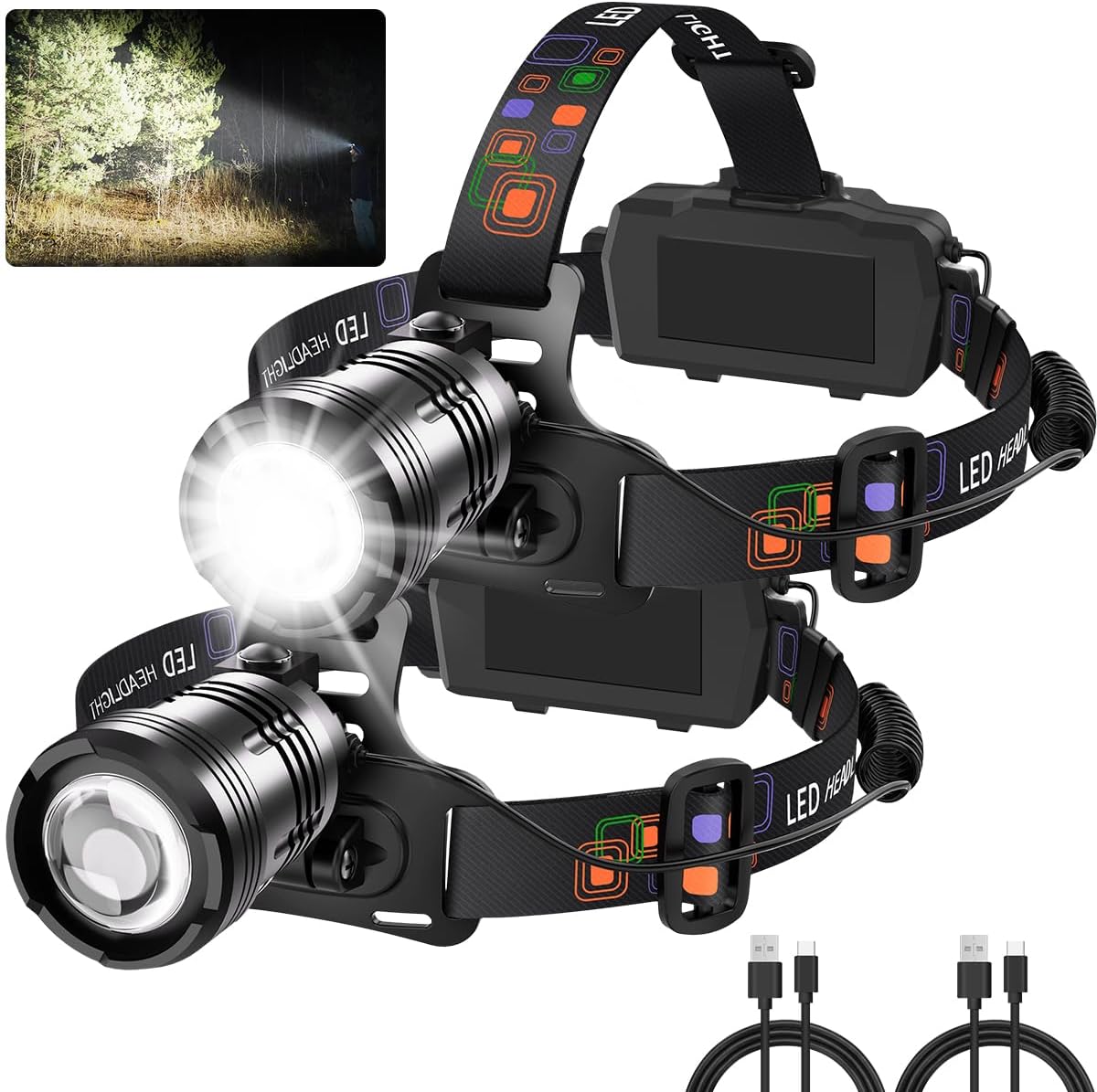 UUYEE 2-Piece Headlamp Adjustable Bright Rechargeable Camping Essentials
