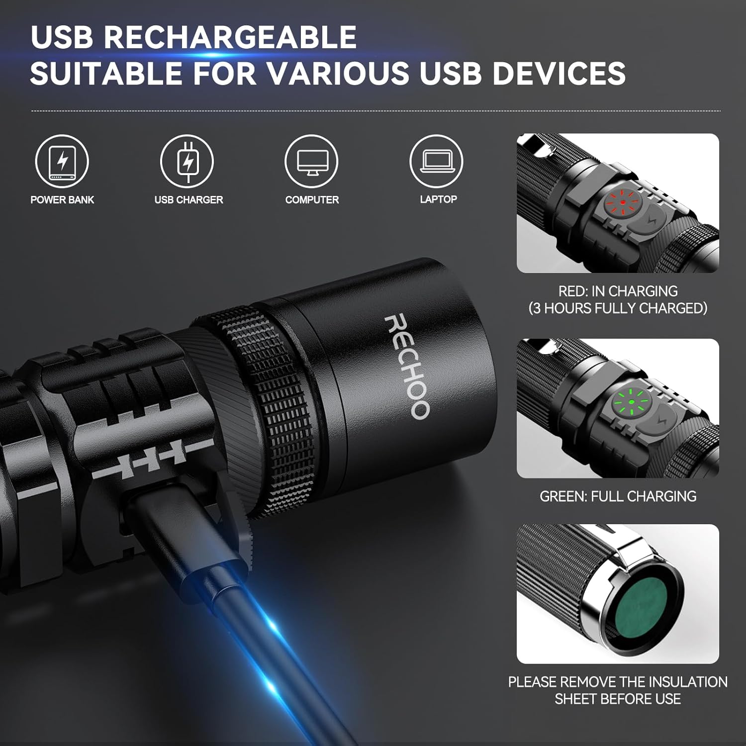RECHOO Rechargeable Flashlight WaterproofE DC Tool