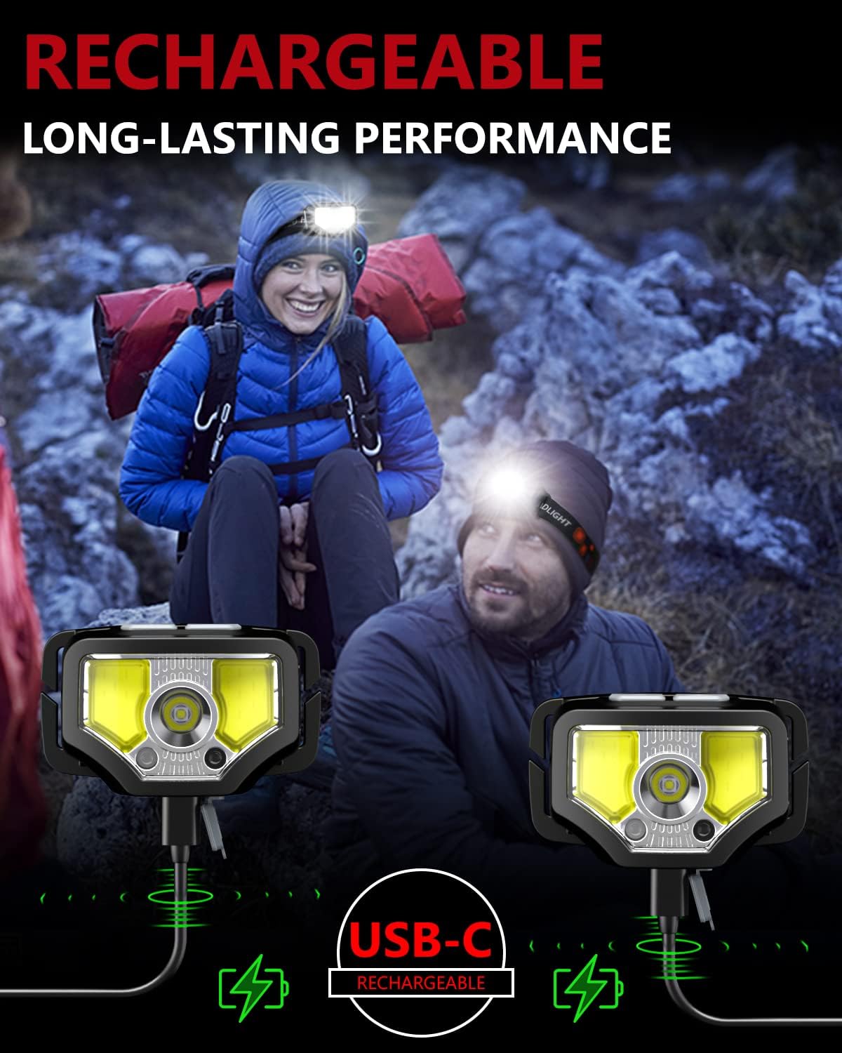 Two-Piece 1200 lumen Rechargeable Headlamp with Motion Sensor