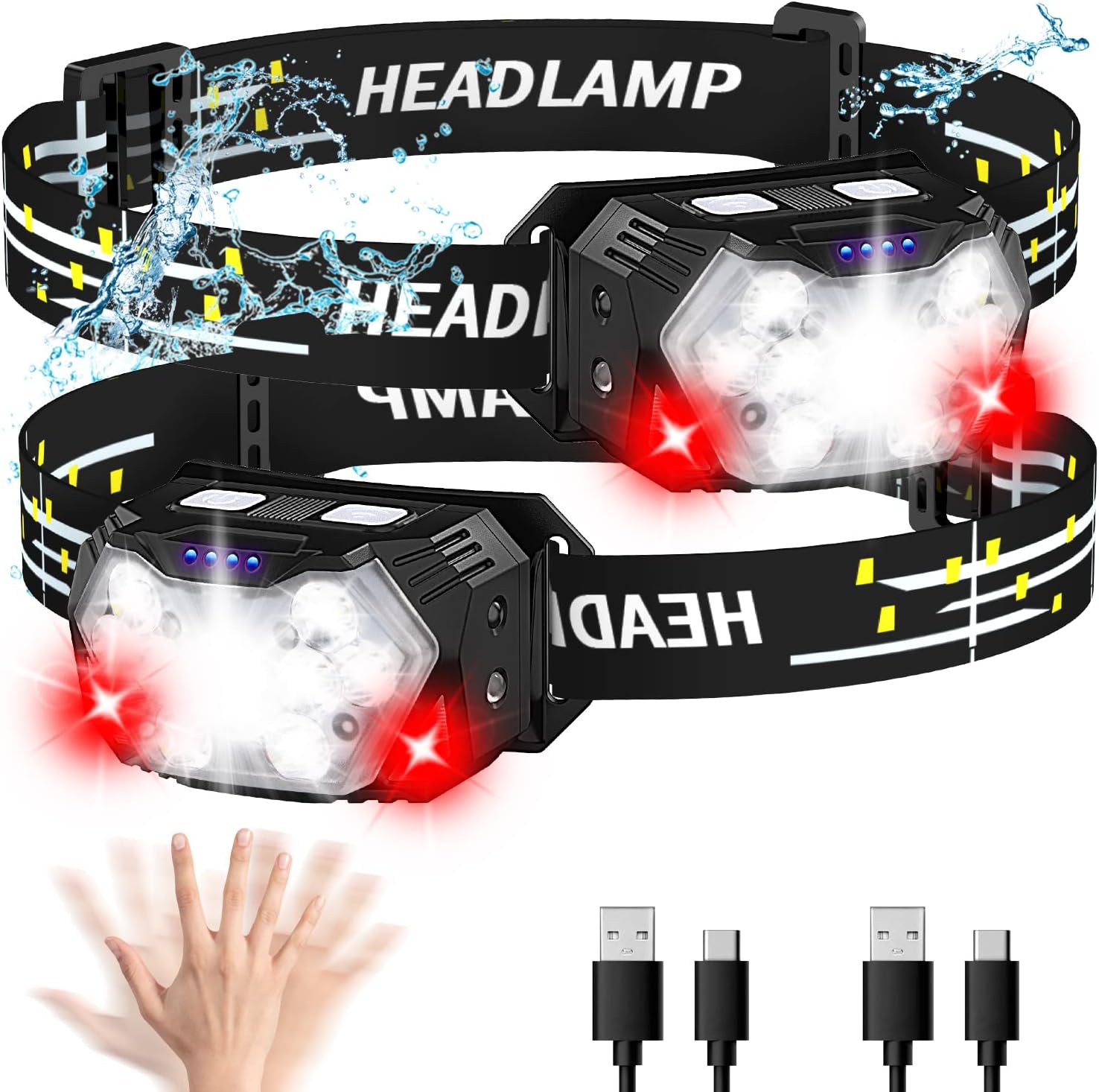2-Piece PLUSINTO Bright Headlamp Rechargeable with 2000 Lumens