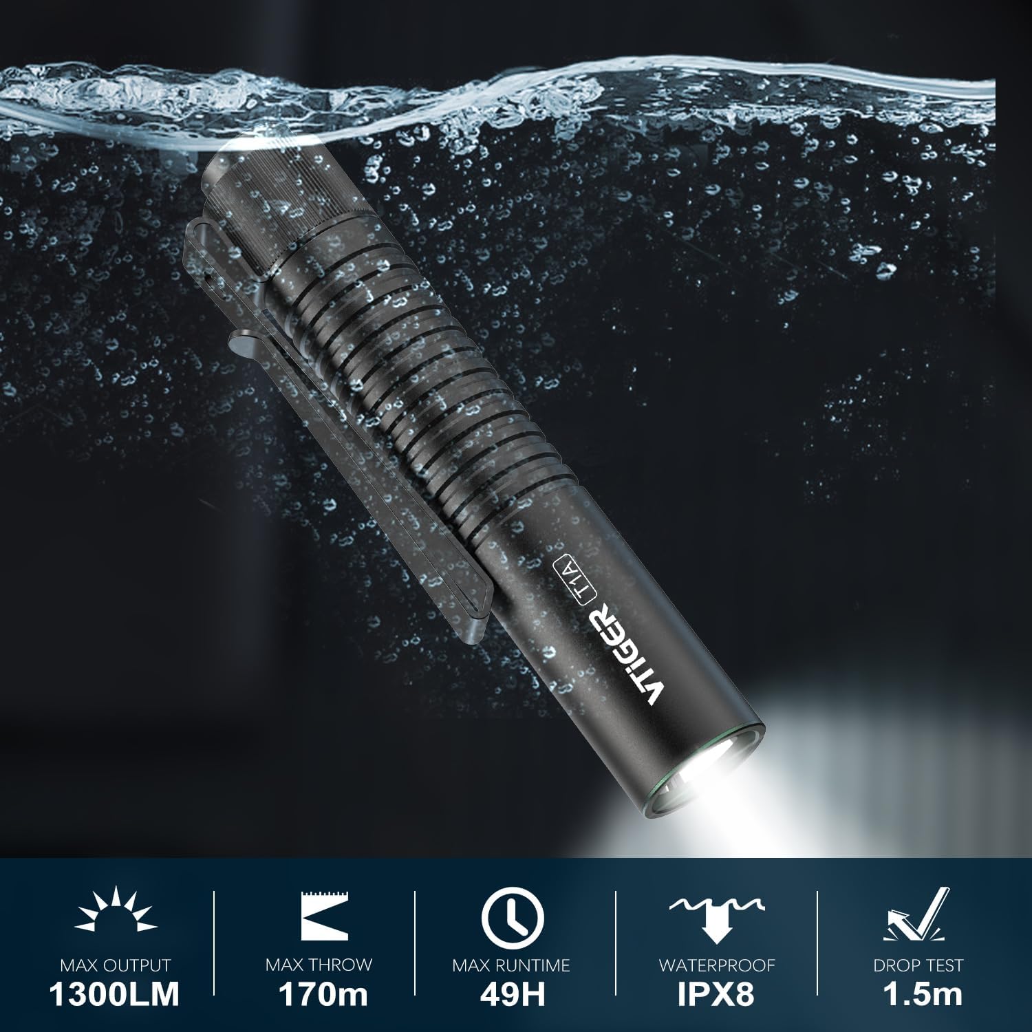 VTIGER T1A 1300 Lumens EDC Flashlight with Magnetic Clip