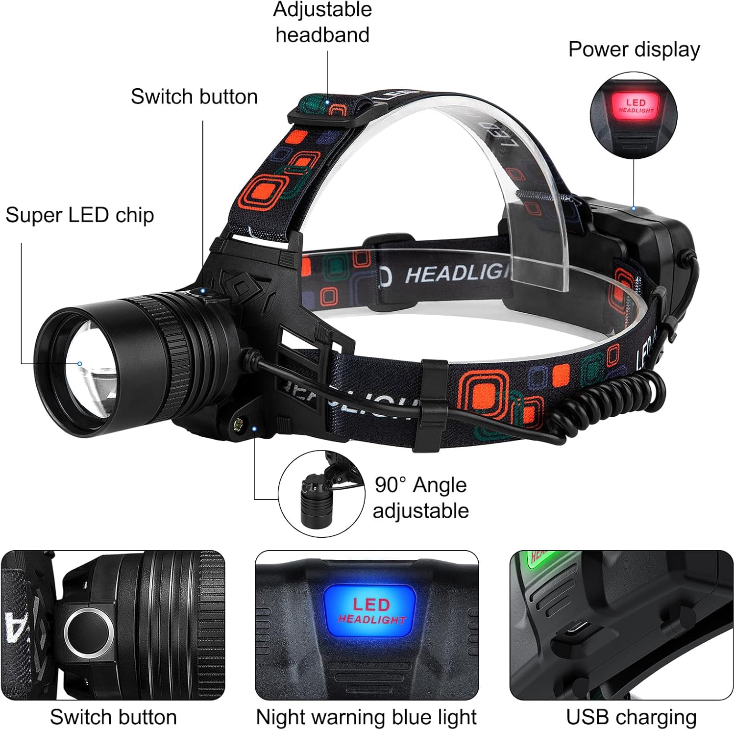 SKNSL Rechargeable Headlamp 2Pack with 3 Modes and 90 Adjustability